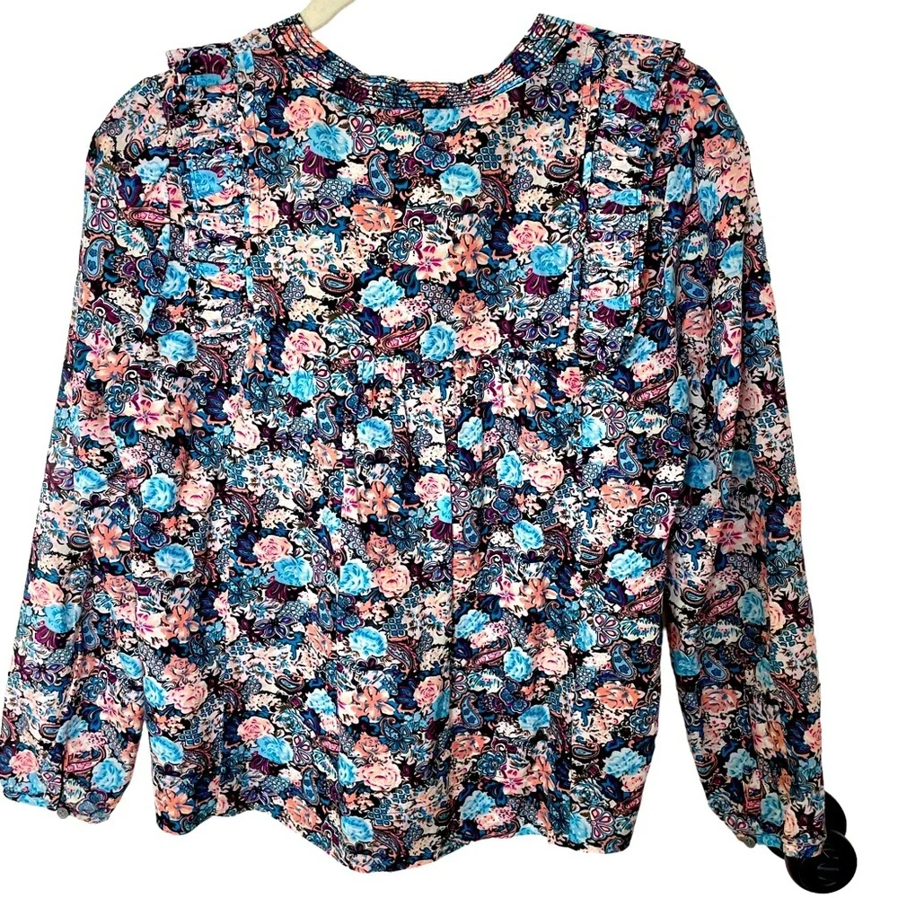 J. Crew Esperanza‎ Blue Peach Floral Paisley Ruffle Trim Top in Size Extra Small